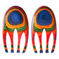 Mellow Monkey Marrakesh Salad Hands, ergonomic wooden salad servers in vibrant red, blue, orange, and green wood grain pattern.