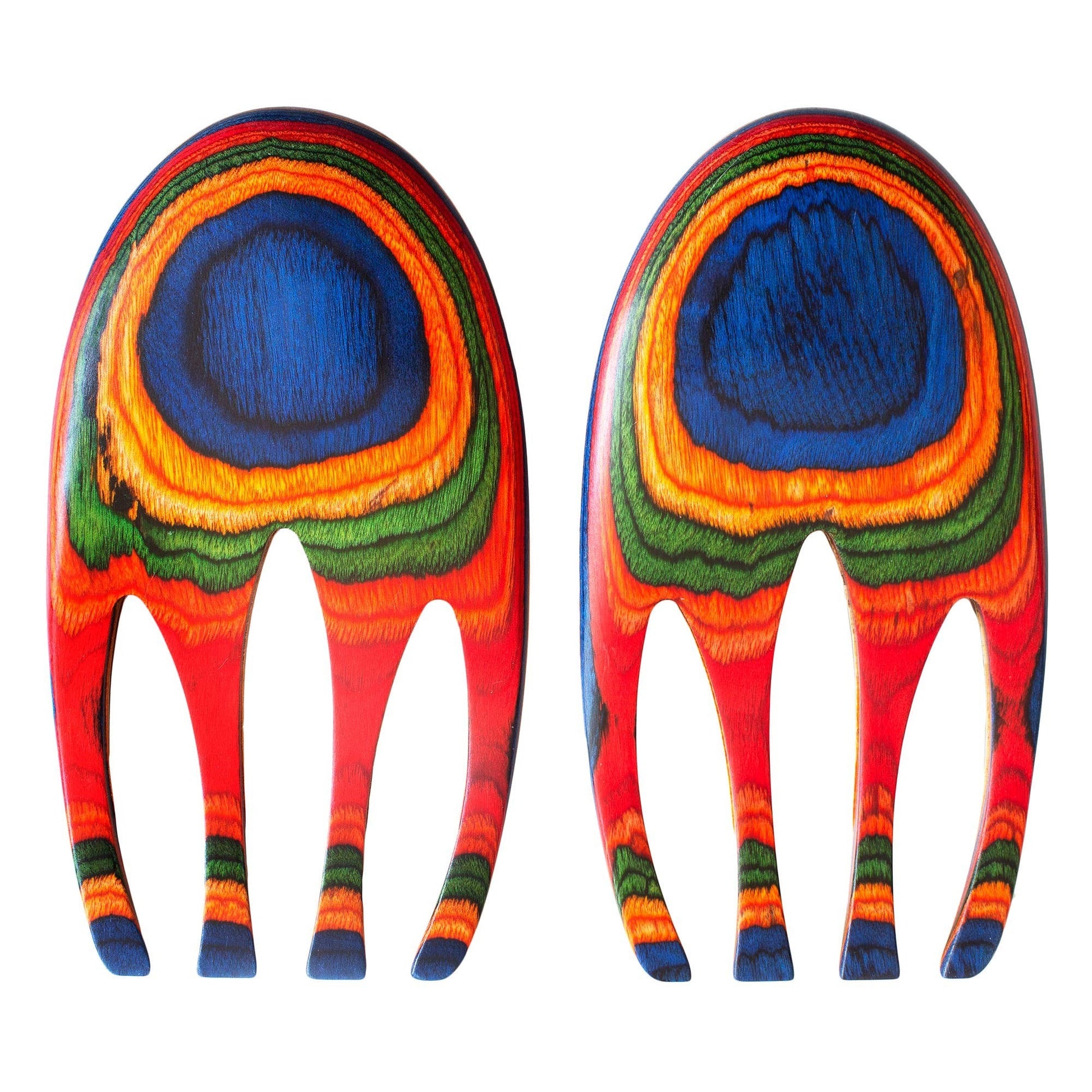 Mellow Monkey Marrakesh Salad Hands, ergonomic wooden salad servers in vibrant red, blue, orange, and green wood grain pattern.