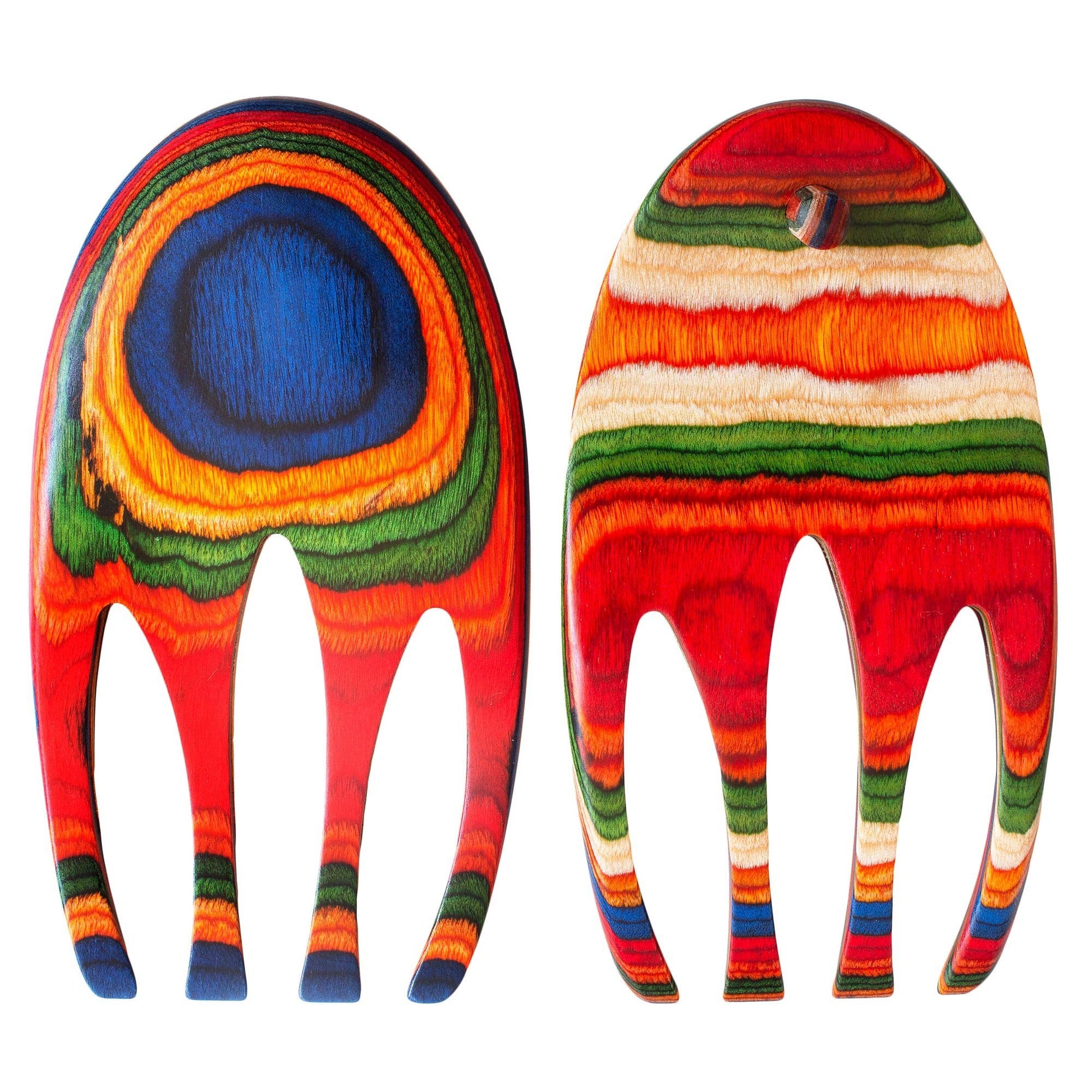 Mellow Monkey Marrakesh Salad Hands, ergonomic wooden salad servers with vibrant, colorful wood grain pattern.
