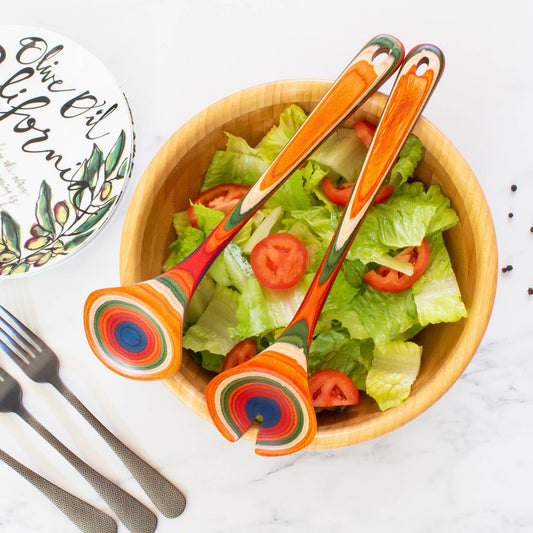 Mellow Monkey Marrakesh Collection layered birch salad serving utensil set with colorful concentric circles.