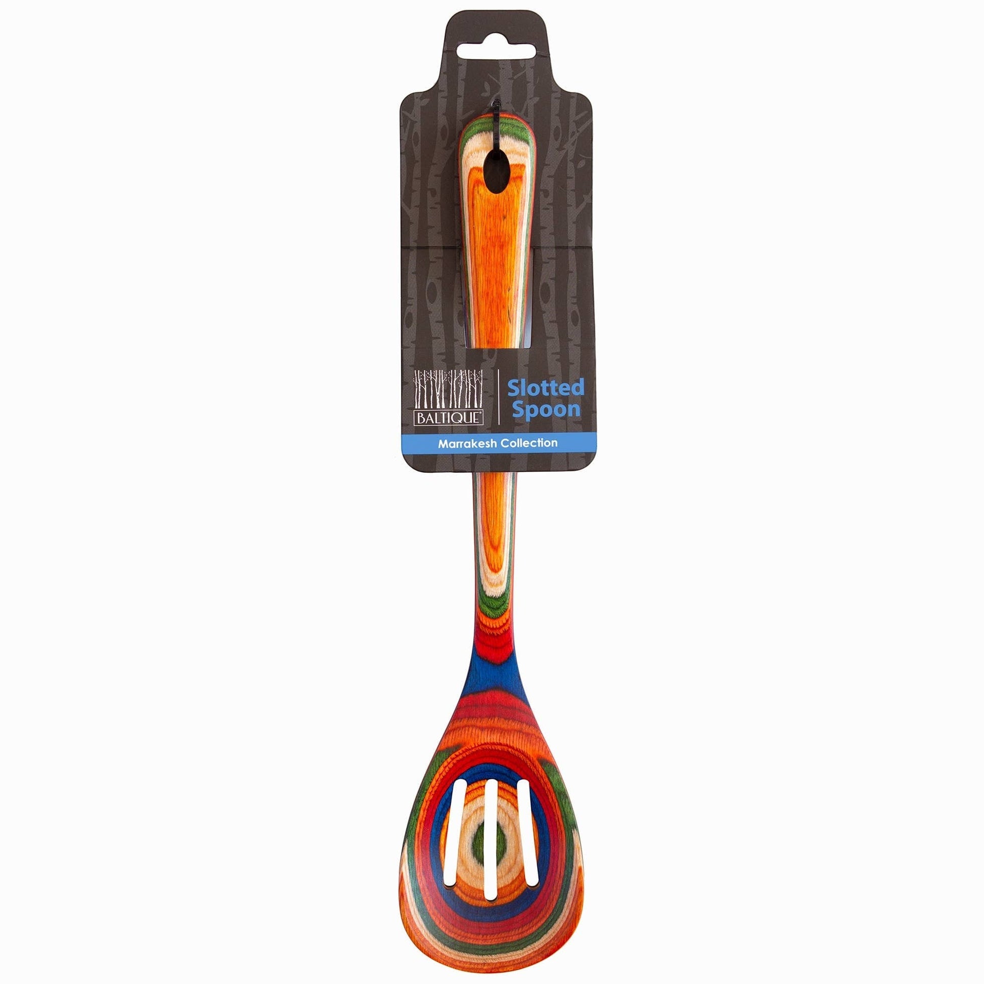 Mellow Monkey Marrakesh Collection wooden slotted spoon with colorful swirls of orange, red, green, and blue. 12.5-in.