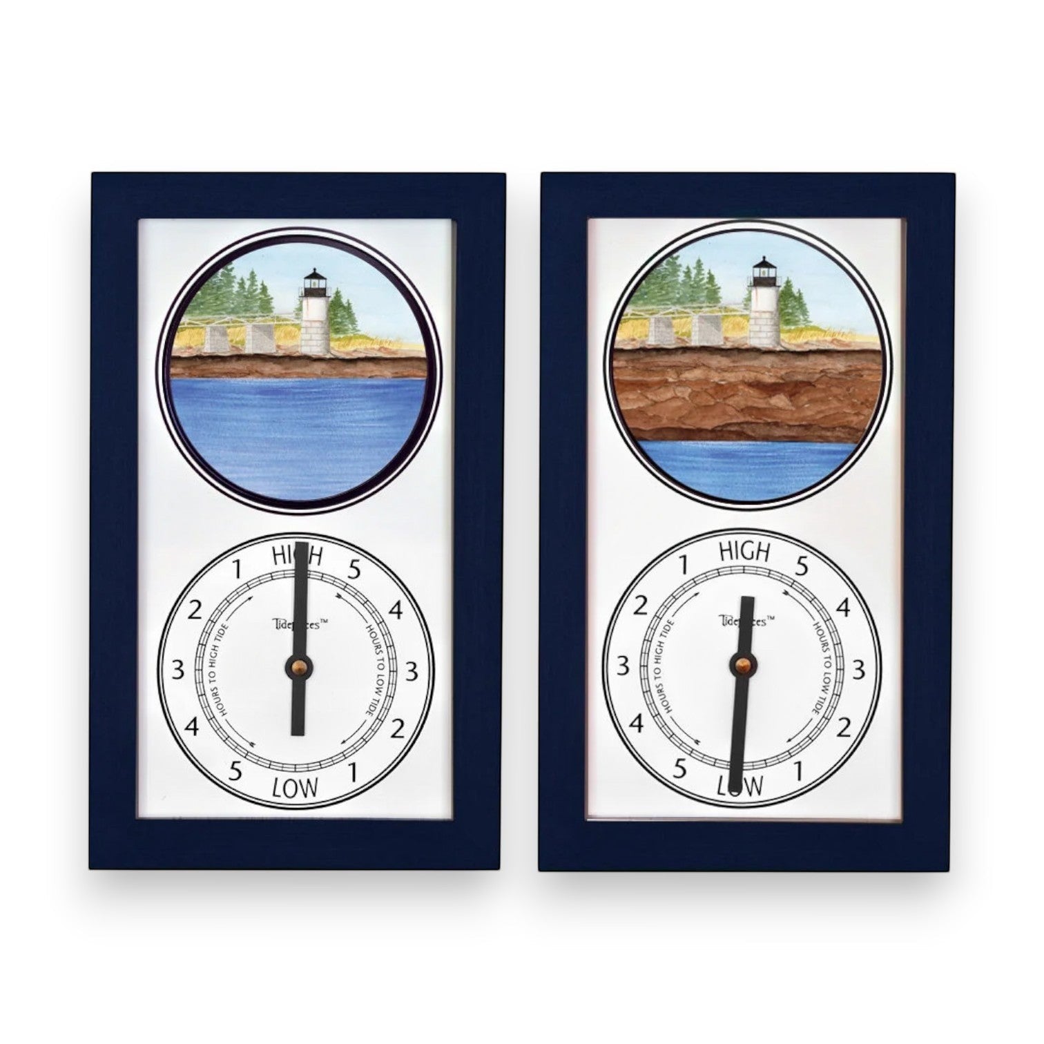 Mellow Monkey navy blue wooden framed tide clock featuring Marshall Point Lighthouse illustration and a functional tide dial.
