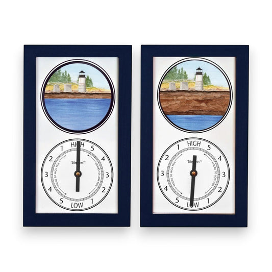 Mellow Monkey navy blue wooden framed tide clock featuring Marshall Point Lighthouse illustration and a functional tide dial.