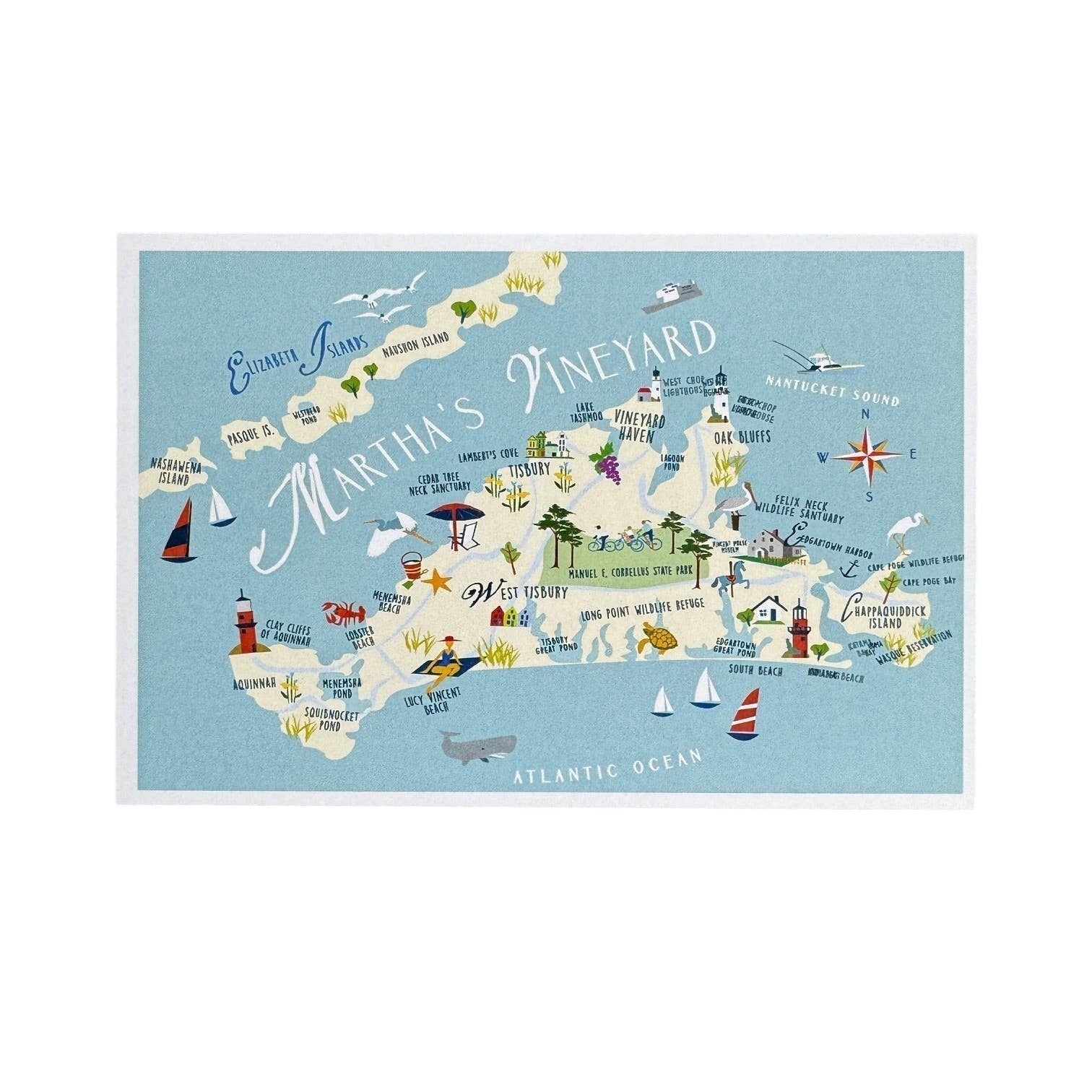 Mellow Monkey Martha's Vineyard illustrated map postcard with locations and icons. 4" x 6" glossy UV coating.