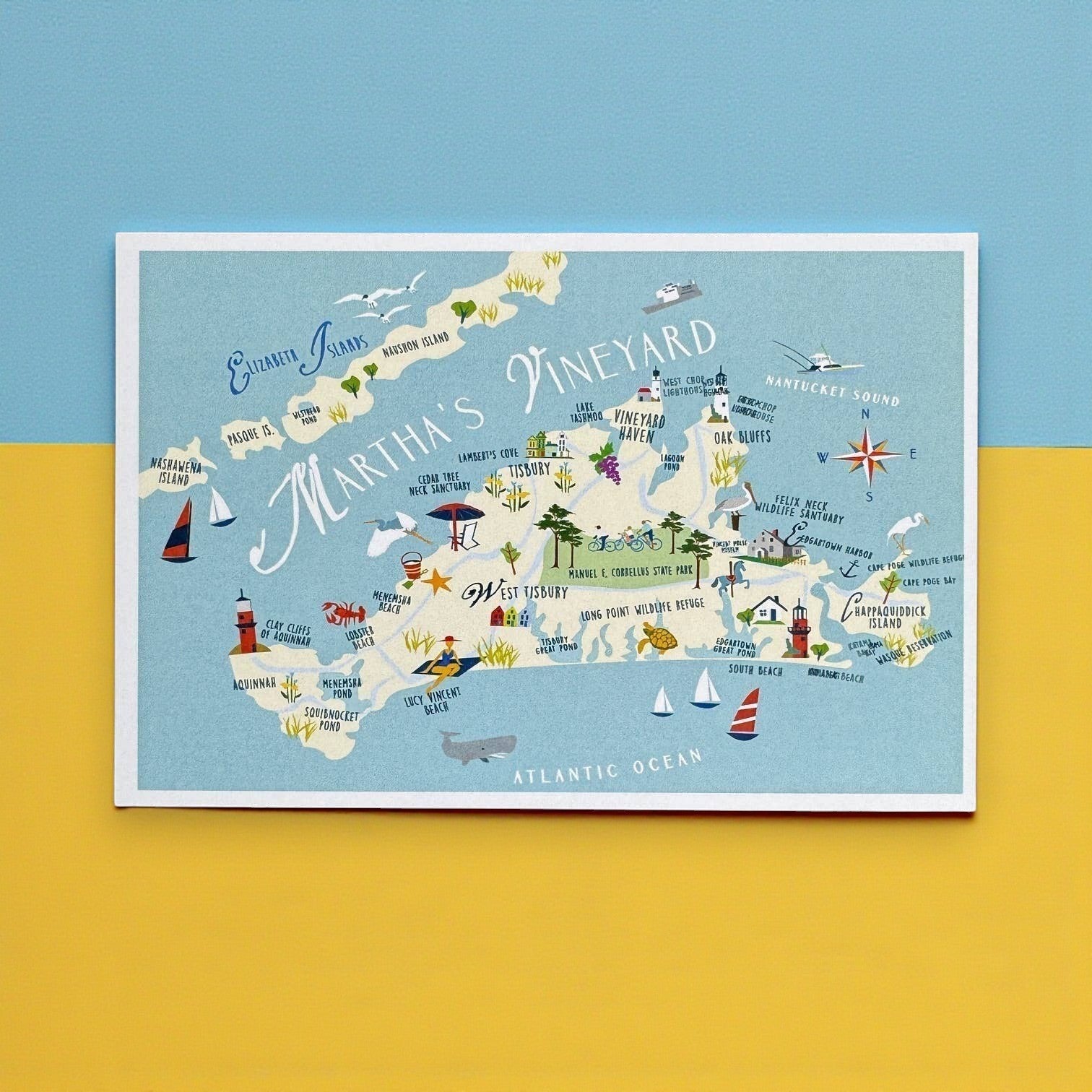 Mellow Monkey Martha's Vineyard map postcard, 4x6 inches, glossy UV coating, printed on 16 pt cardstock.