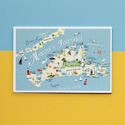 Mellow Monkey Martha's Vineyard map postcard, 4x6 inches, glossy UV coating, printed on 16 pt cardstock.