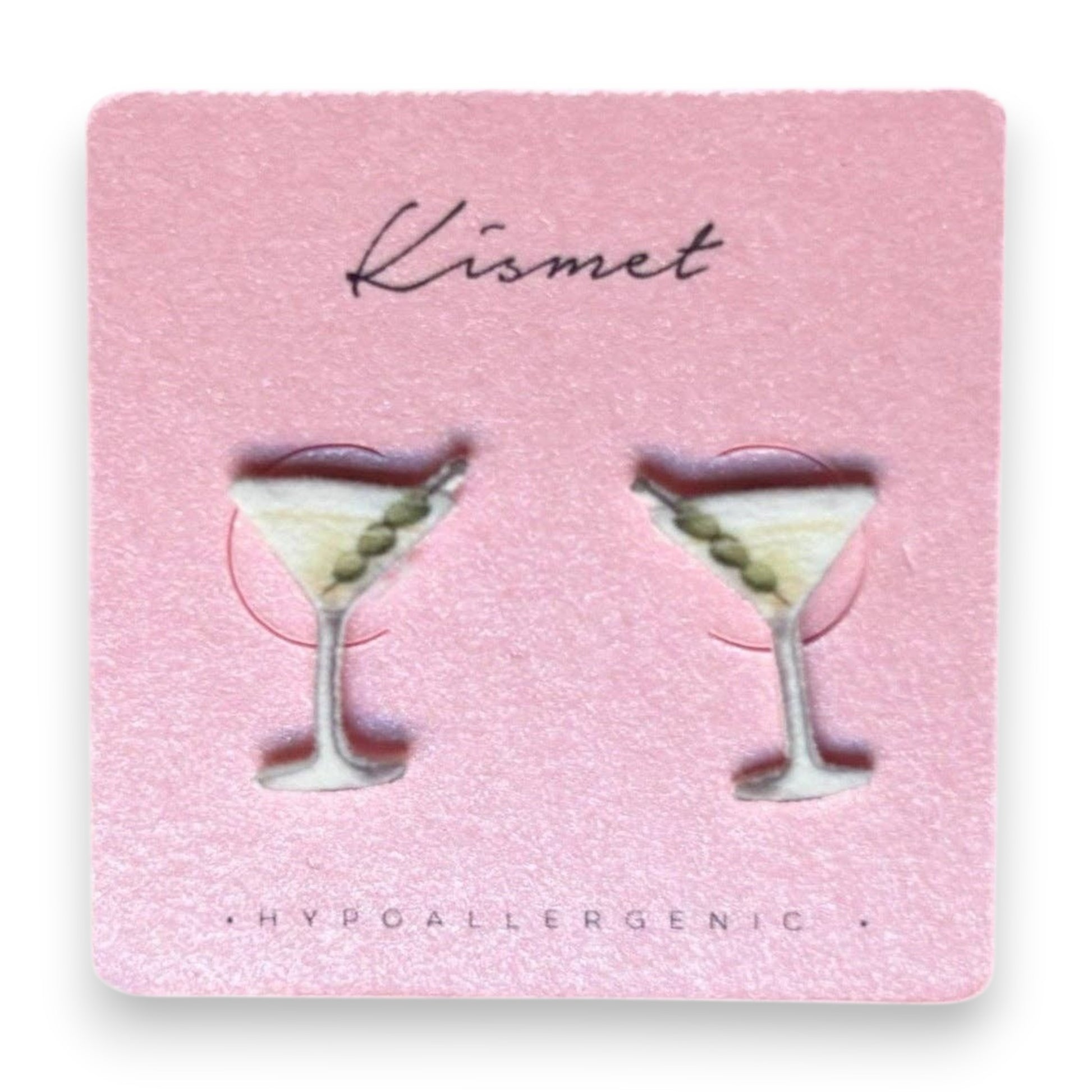 Mellow Monkey martini cocktail stud earrings with olive garnish on a pink display card, hypoallergenic design.