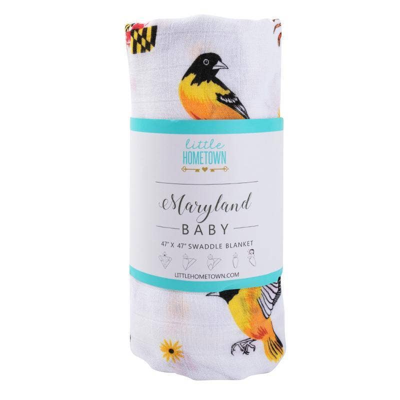 Mellow Monkey Maryland themed baby muslin swaddle blanket featuring Baltimore oriole birds and state flag motifs.