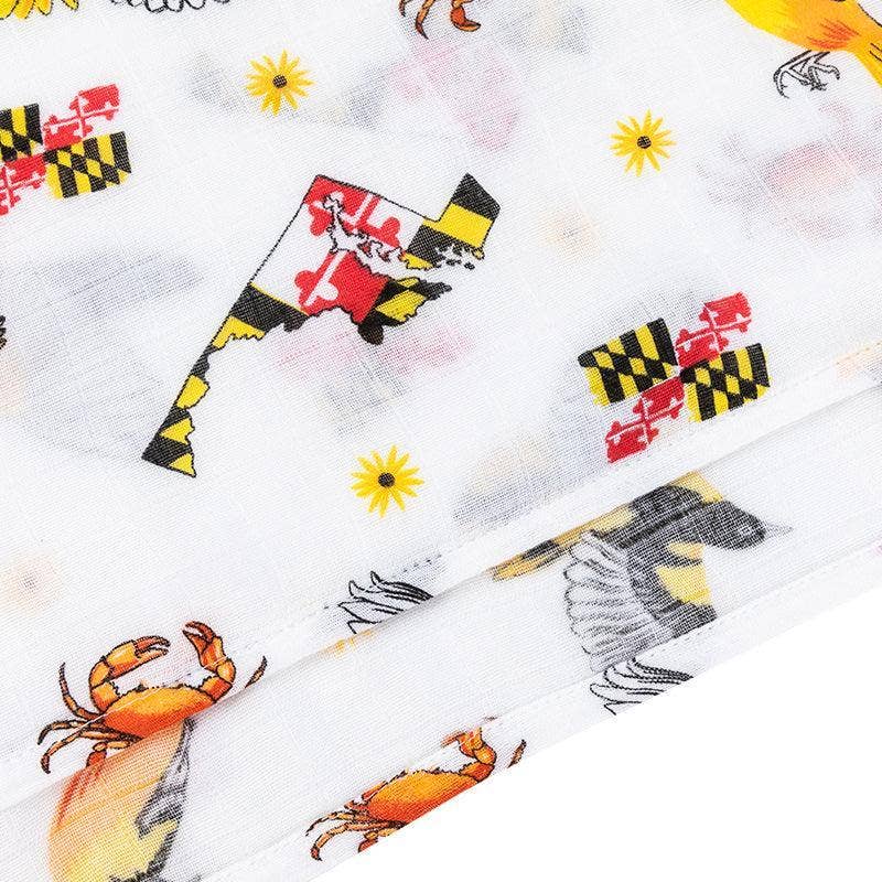 Mellow Monkey Maryland themed baby muslin swaddle blanket with state flag, blue crab, and oriole print on white