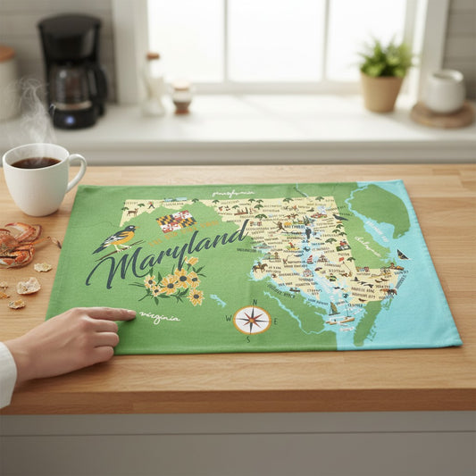 Mellow Monkey Maryland map tea towel with original artwork, featuring towns, attractions, an oriole bird, and flowers. 100% cotton.