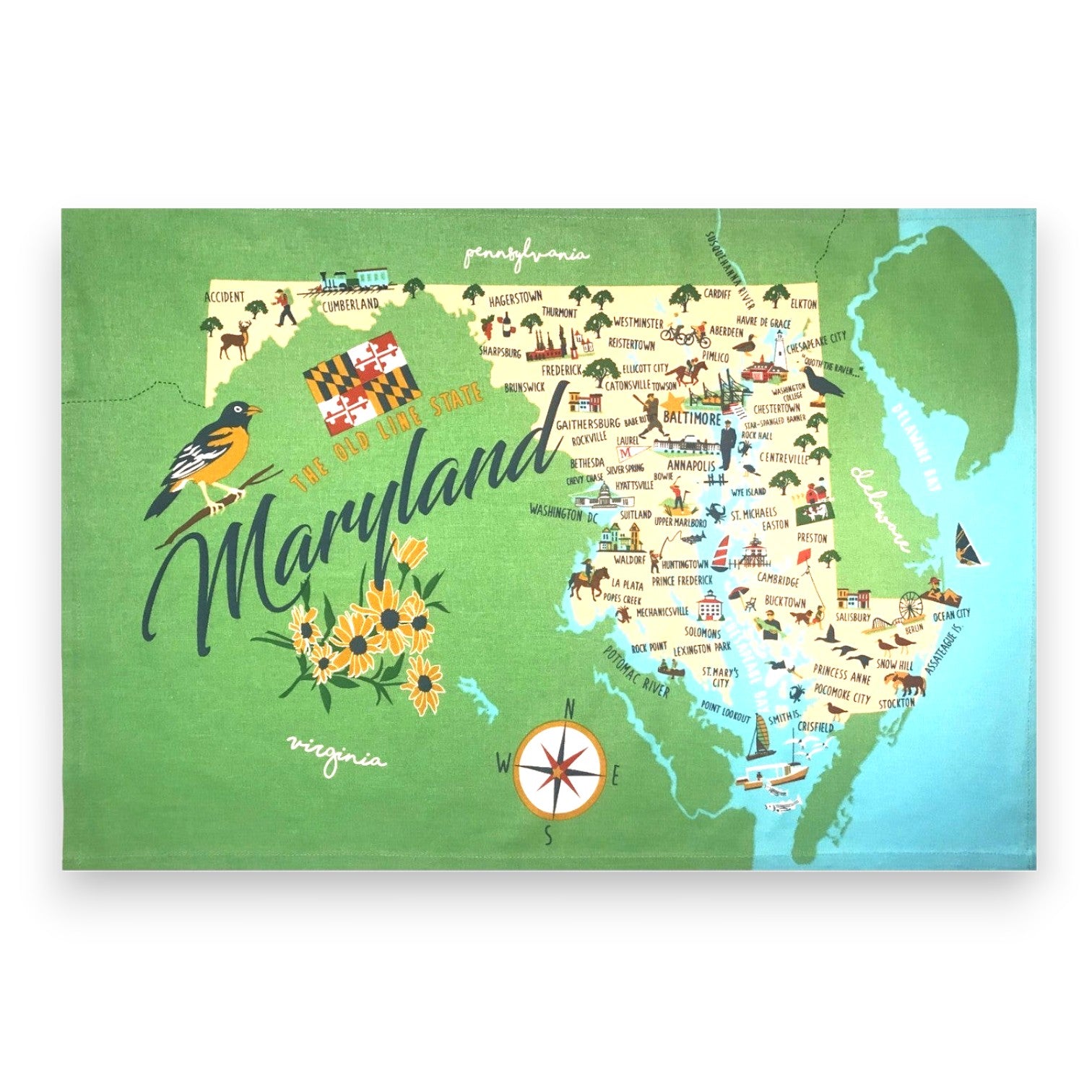 Mellow Monkey Maryland map tea towel with original artwork, featuring towns, attractions, an oriole bird, and sunflowers. 100% cotton.