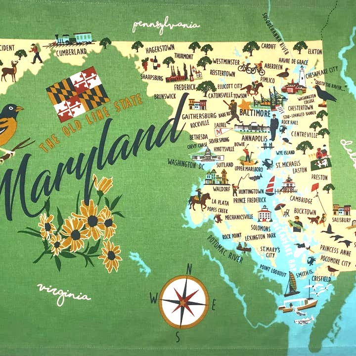 Mellow Monkey Maryland map tea towel with illustrations of towns, attractions, and state flag. 100% cotton.