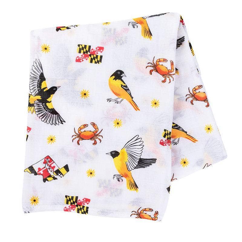 Mellow Monkey muslin swaddle blanket featuring Maryland flag, blue crabs, orioles, and black-eyed susans on white
