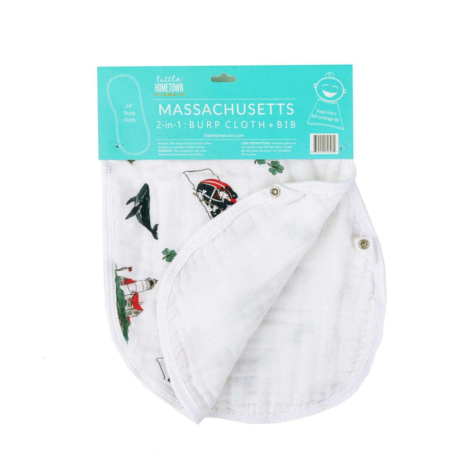 Mellow Monkey Massachusetts themed 2-in-1 bamboo and cotton baby burp cloth and snap bib with state icons