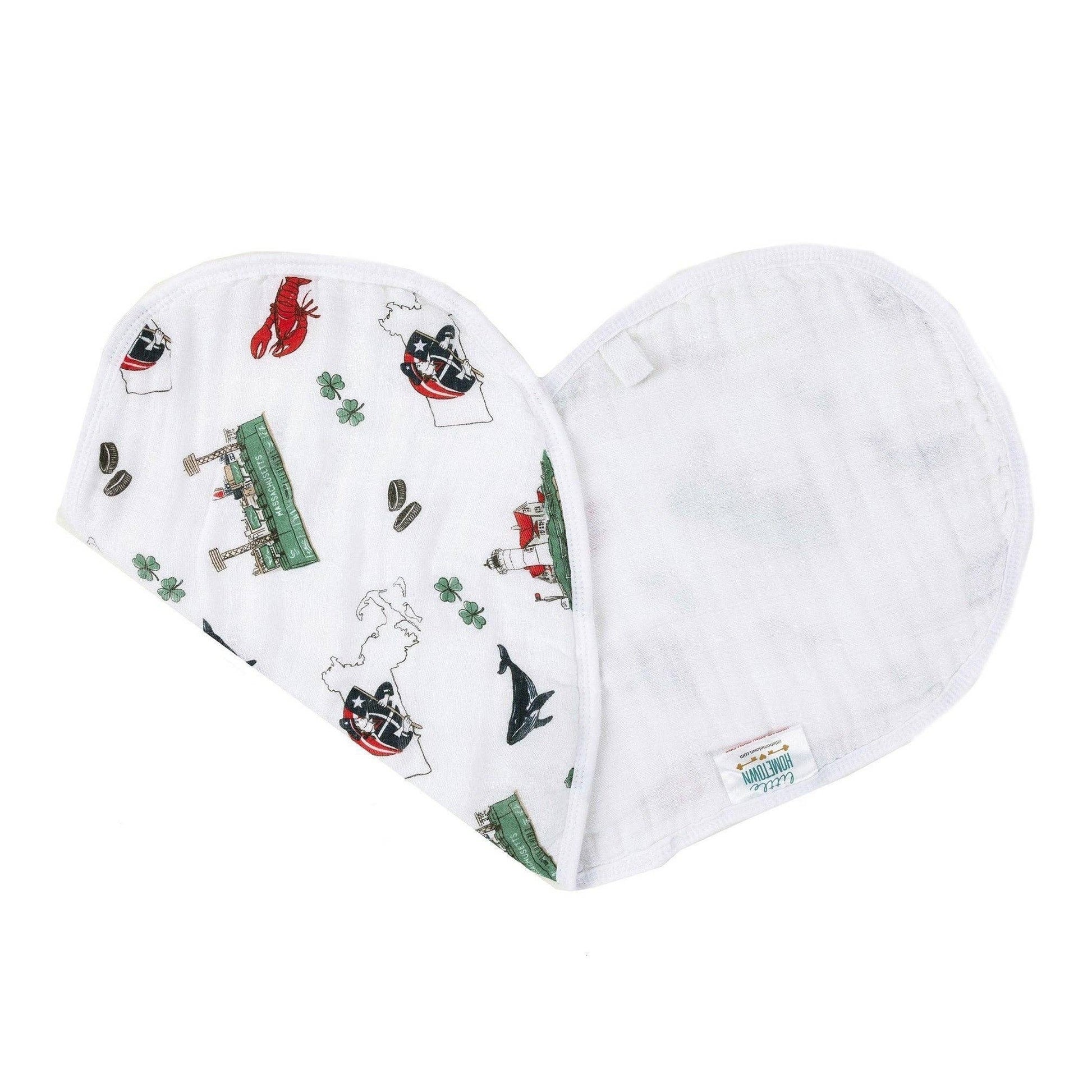Mellow Monkey Massachusetts themed 2-in-1 bamboo and cotton muslin baby burp cloth and snappable bib with state icons.