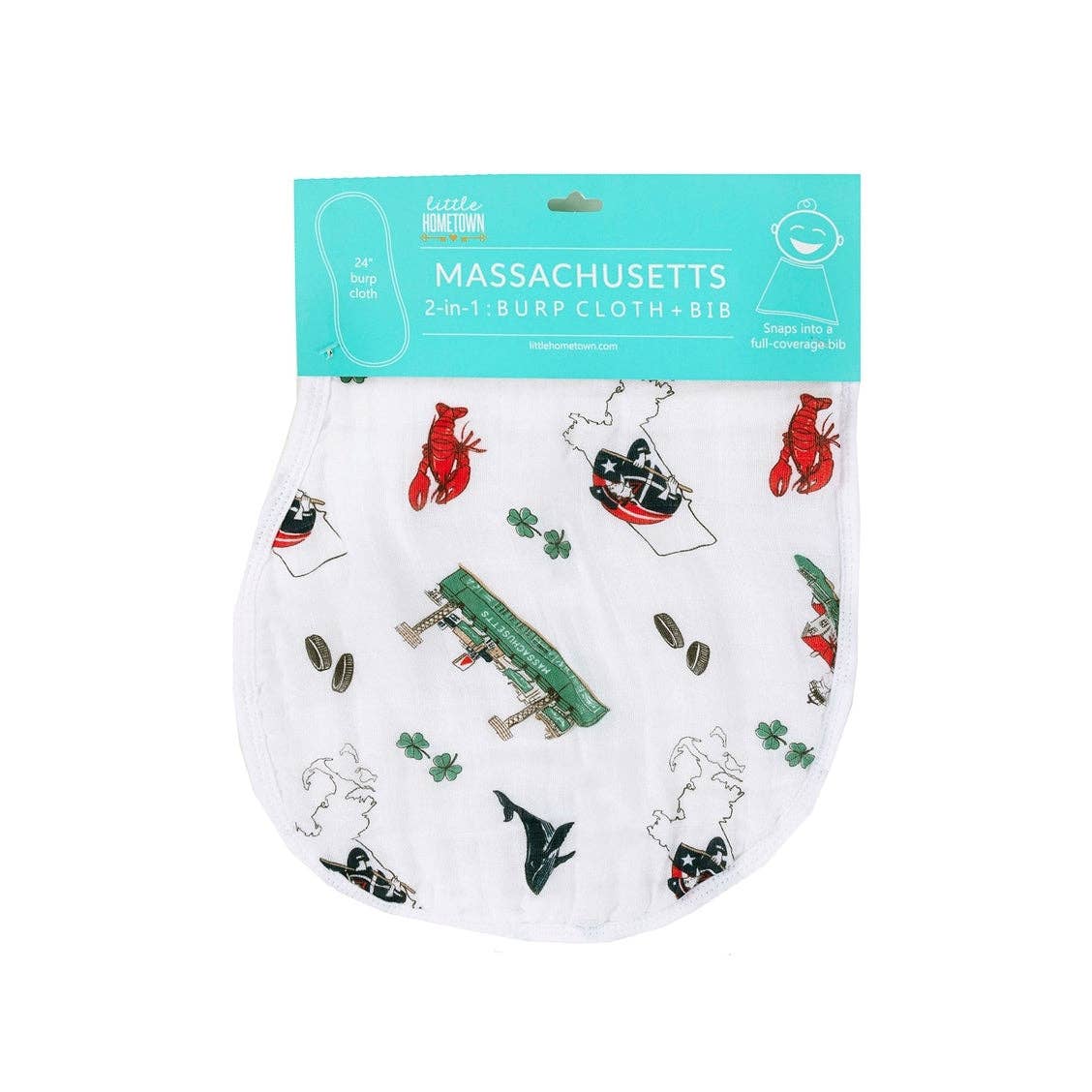 Mellow Monkey Massachusetts themed 2-in-1 bamboo and cotton muslin baby burp cloth and snap bib with state icons.
