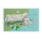 Mellow Monkey Massachusetts postcard featuring a map with illustrated towns, landmarks, and a chickadee bird. Glossy UV coating.