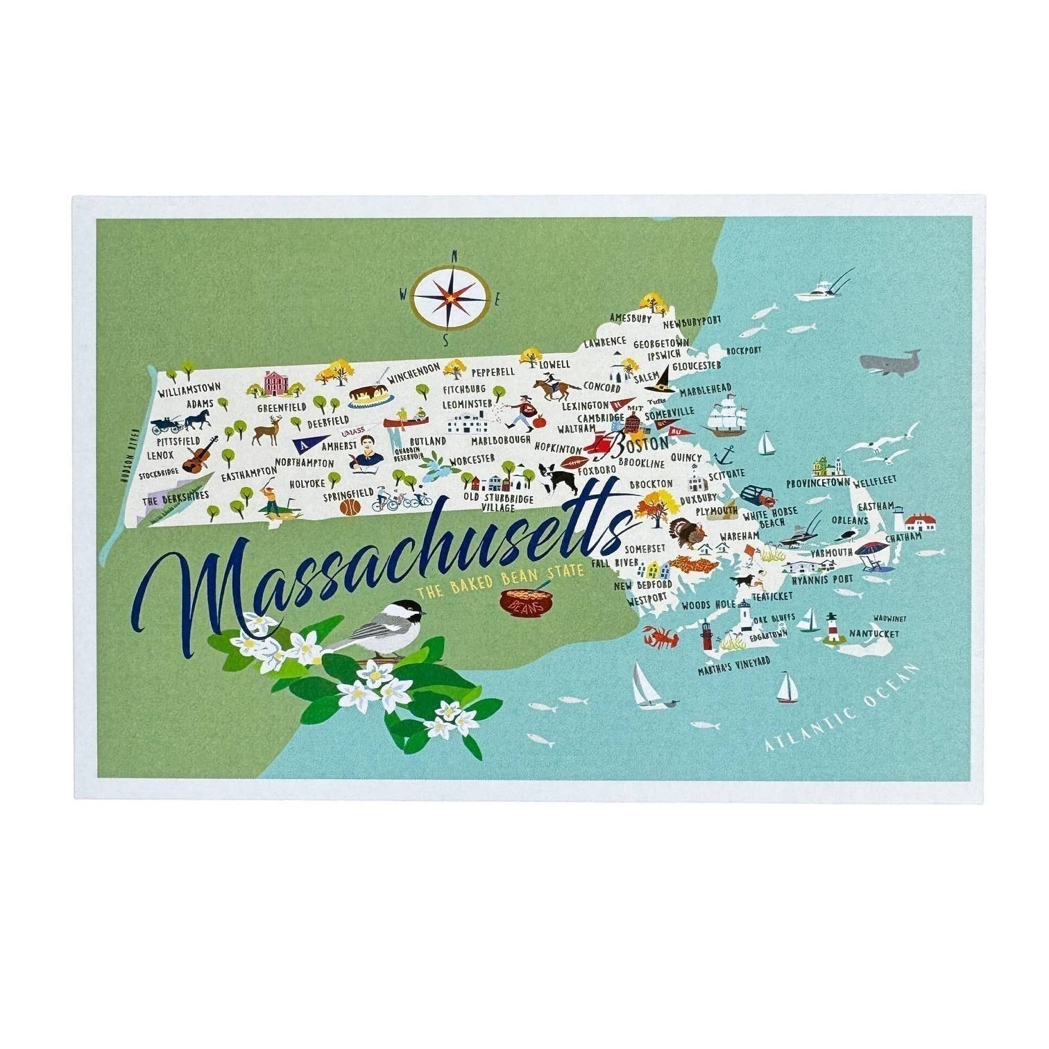 Mellow Monkey Massachusetts postcard featuring a map with illustrated towns, landmarks, and a chickadee bird. Glossy UV coating.