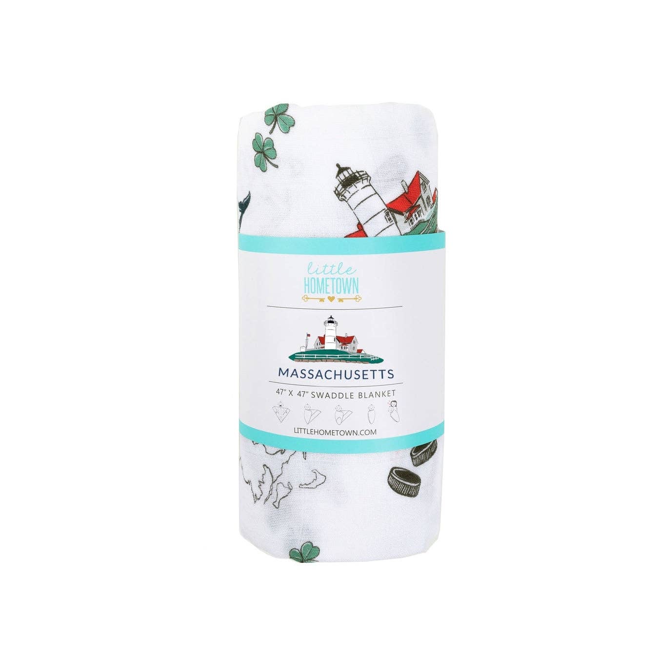 Mellow Monkey Massachusetts muslin baby swaddle blanket featuring lighthouse, whale, and clover print on white fabric