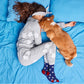 Mellow Monkey matching star-patterned socks for a person and their dog, worn while resting on a blue bedspread.