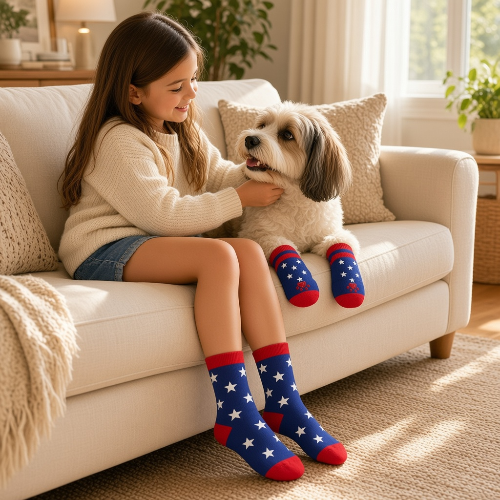 Mellow Monkey matching blue star print socks for a young girl and her small dog sitting together on a beige sofa