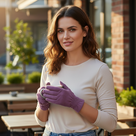 Mellow Monkey mauve faux suede gloves with fishtail cuff detail worn by a woman holding a mug outdoors