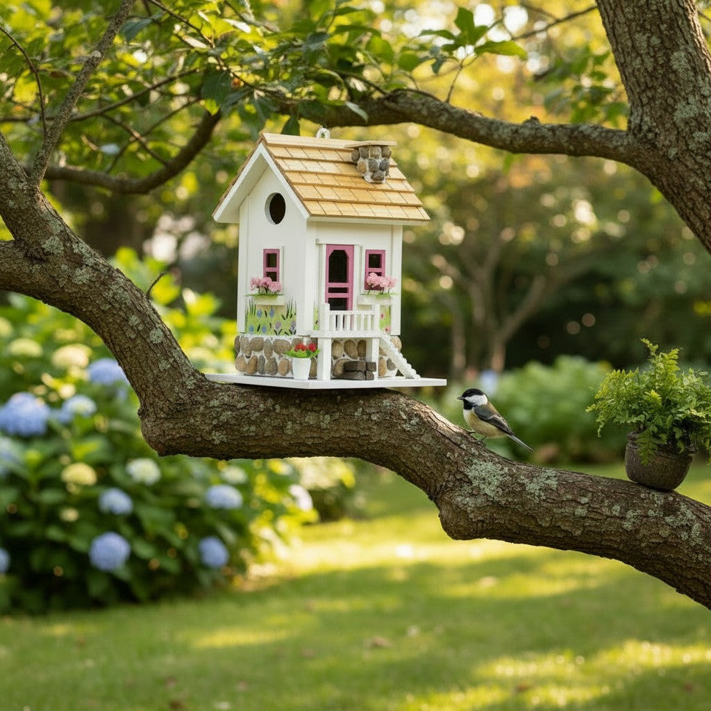 Mellow Monkey May Cottage birdhouse with pink door, flower boxes, and stone accents, perched on a tree branch.