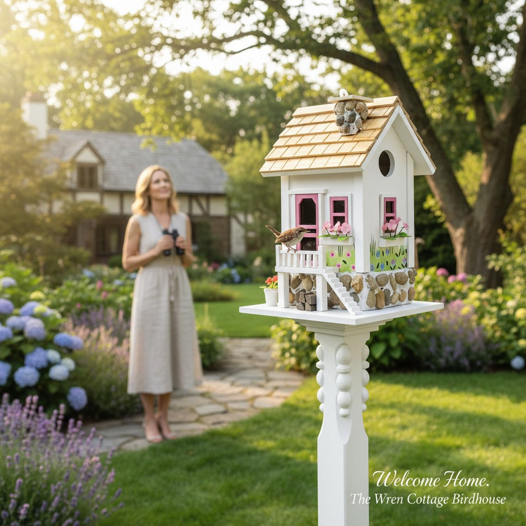 Mellow Monkey May Cottage birdhouse with white exterior, pink door and windows, flower boxes, stone accents, and wood shingled roof.