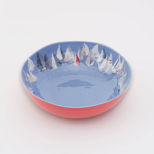 Mellow Monkey large melamine bowl with a blue interior featuring a "Race Day" sailboat print and a coral exterior. Dishwasher safe.