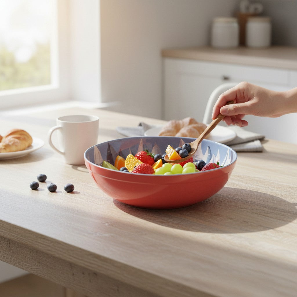 Mellow Monkey large melamine bowl with a blue interior featuring a "Race Day" sailboat pattern and a coral exterior. Dishwasher safe.