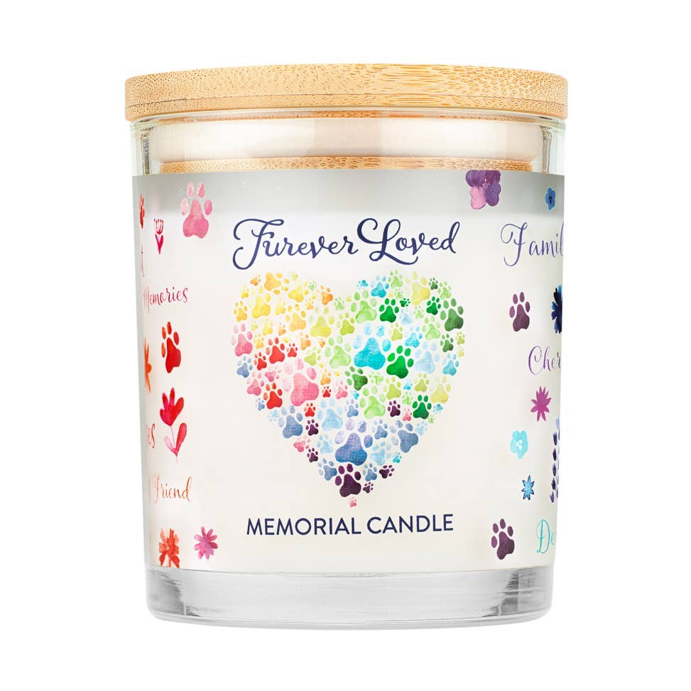 Mellow Monkey Furever Loved memorial pet house candle in a glass jar with a bamboo lid and colorful paw print heart