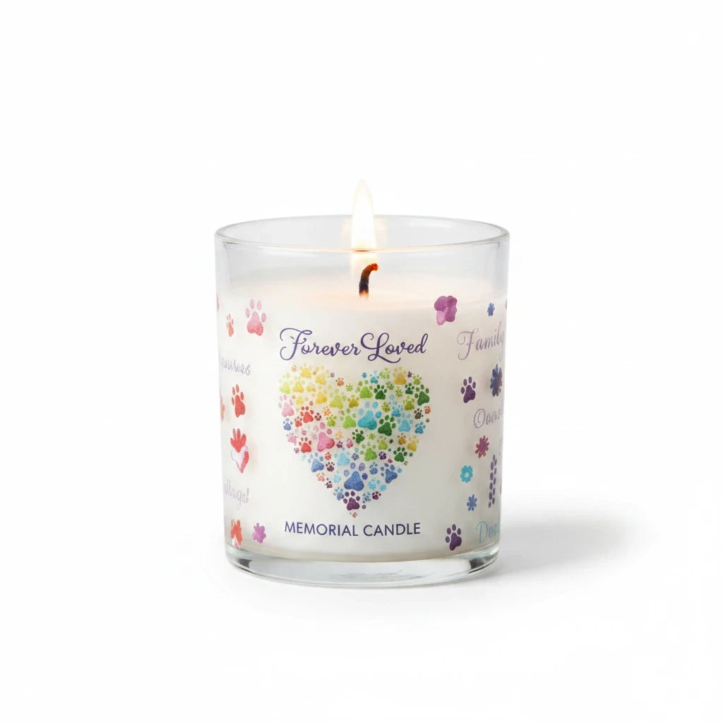 Mellow Monkey Furever Loved memorial pet house candle in a glass jar with a colorful paw print heart design