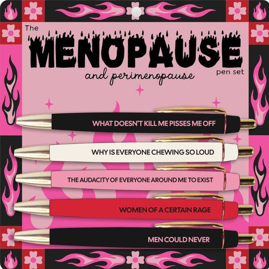 Mellow Monkey menopause and perimenopause pen set featuring five funny pens on a pink card with retro flame graphics.