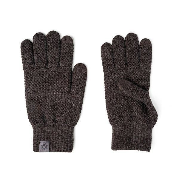 Mellow Monkey men's dark brown moss stitch knit gloves with tech-compatible fingertips and ribbed cuffs.