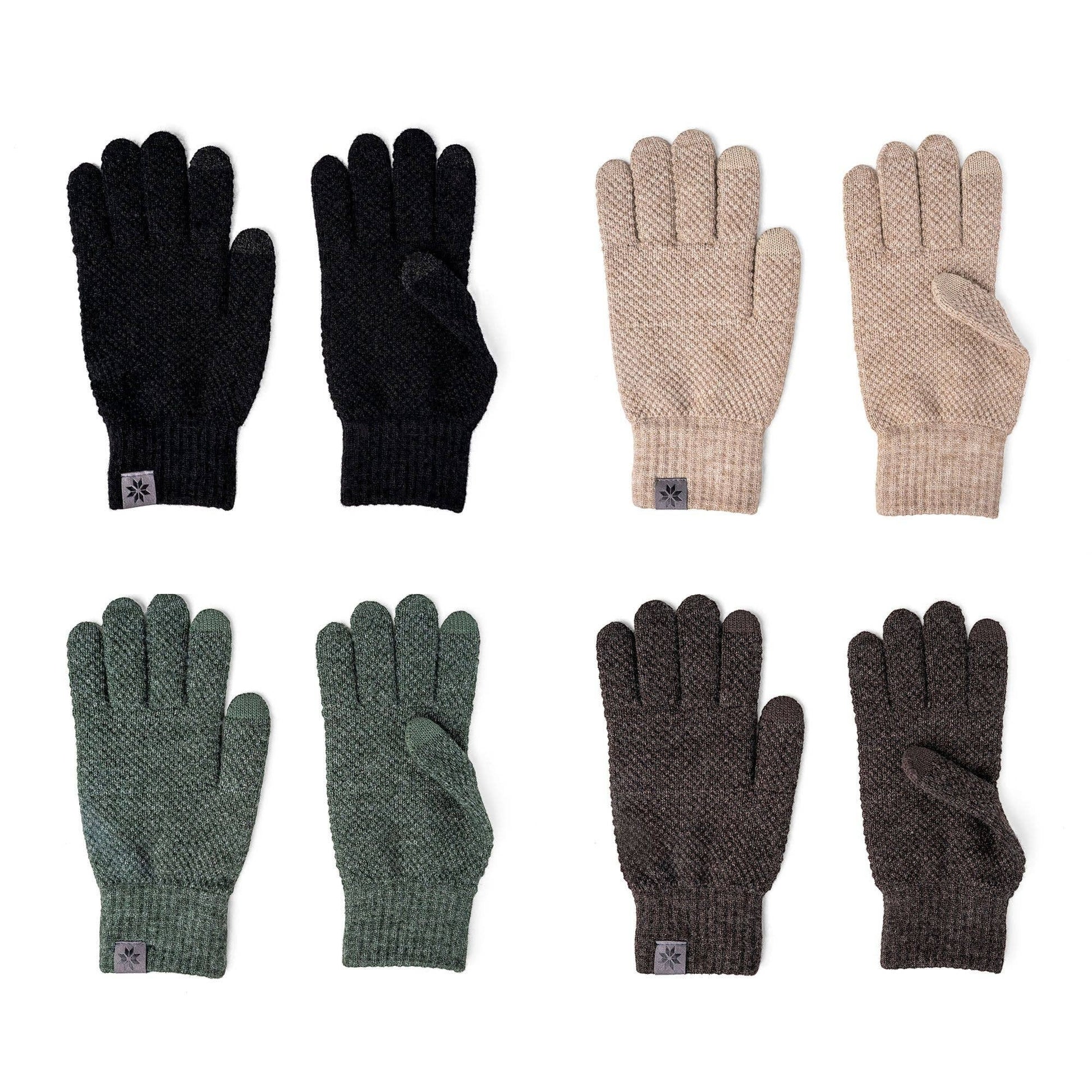 Mellow Monkey Britt's Knits men's Tahoe gloves in black, beige, green, and brown with moss stitch and tech fingertips.