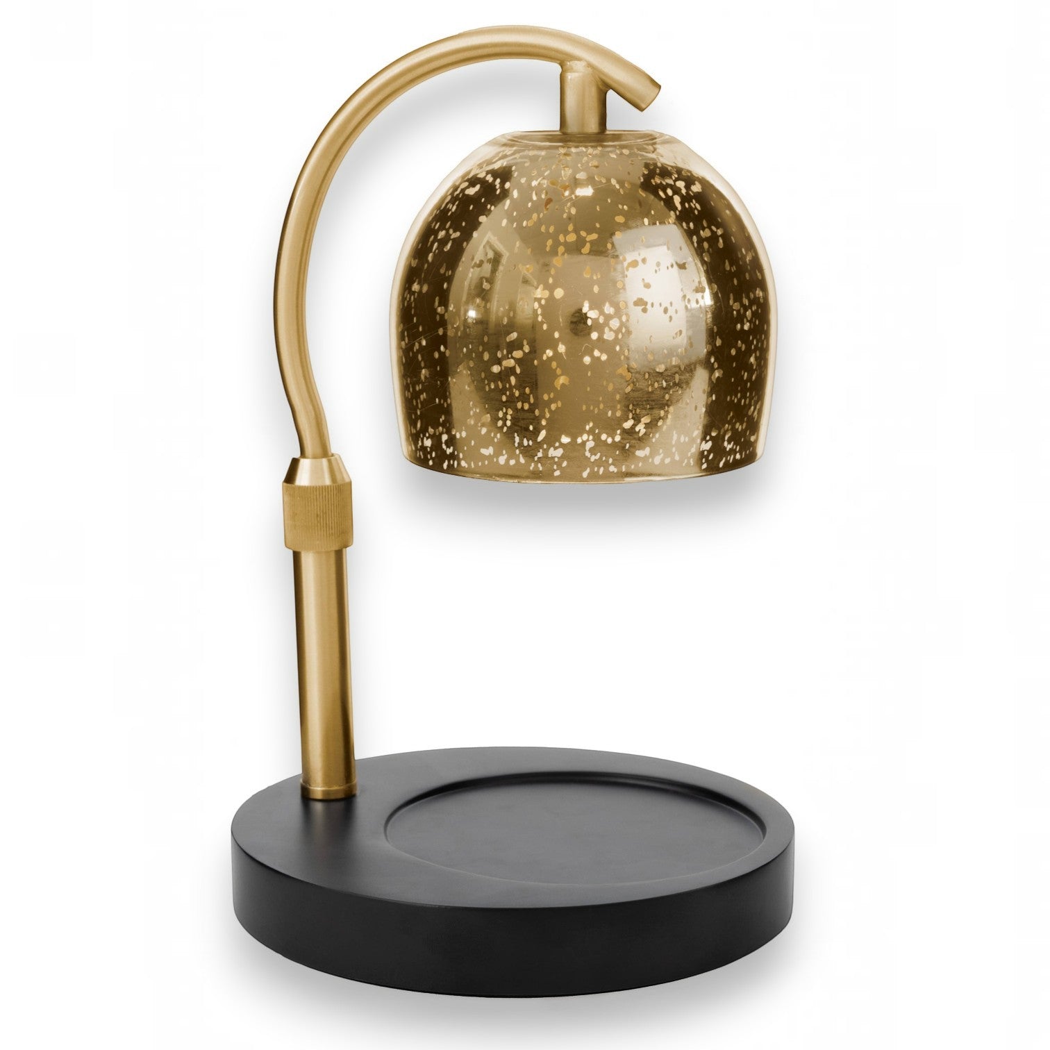 Mellow Monkey mercury glass candle warmer lamp with a gold speckled shade, adjustable stem, and black base.