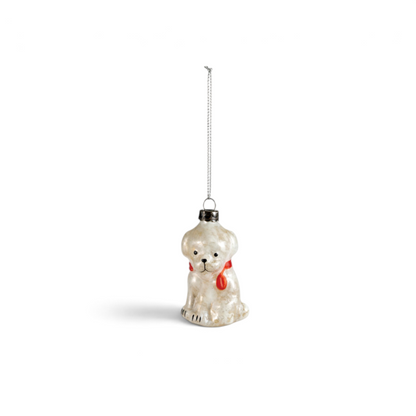 Mellow Monkey vintage-style mercury glass dog ornament with a red scarf and metallic shimmer finish.