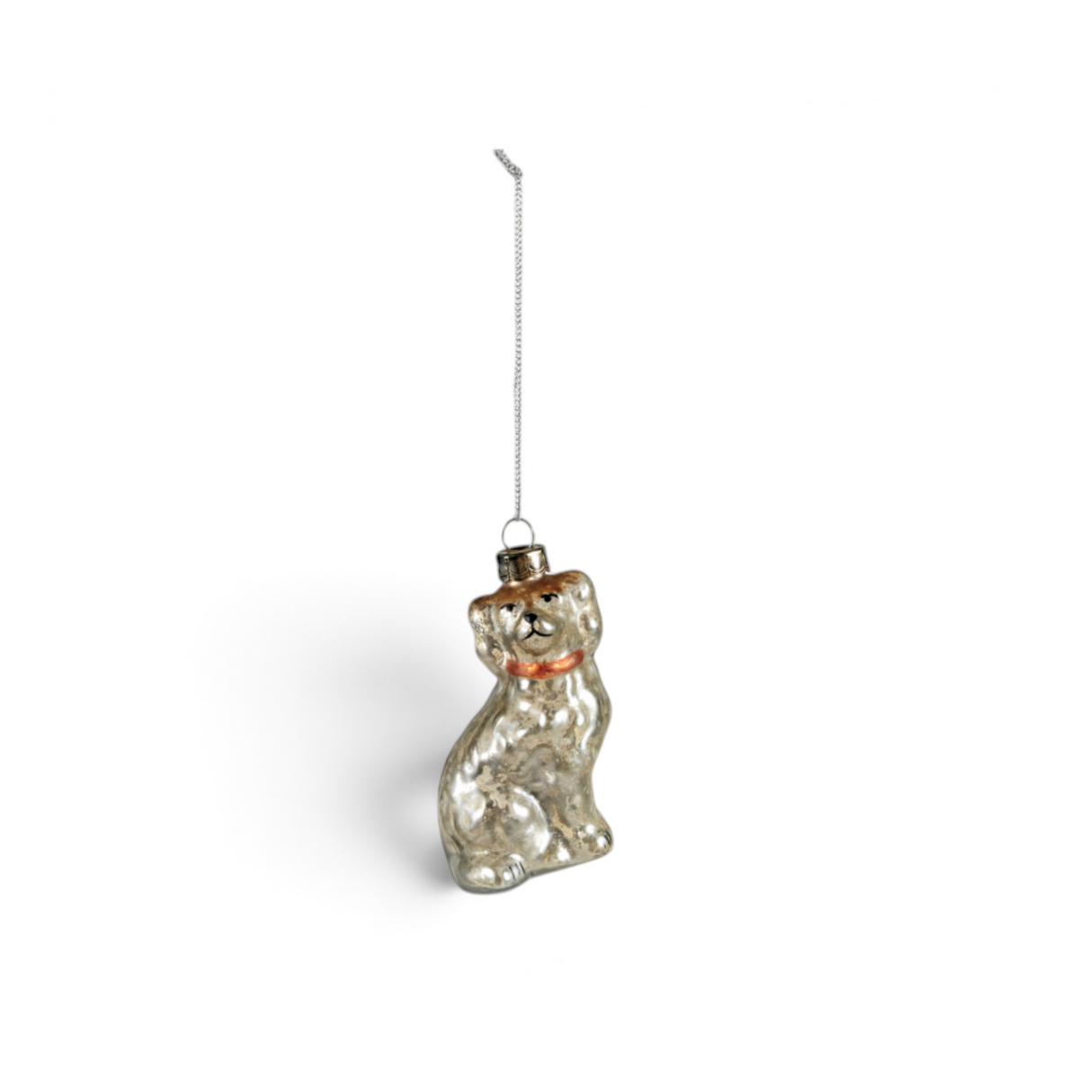 Mellow Monkey vintage-style mercury glass dog ornament with metallic shimmer and hand-painted details.