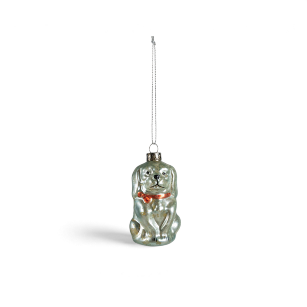 Mellow Monkey vintage-style mercury glass dog ornament with metallic shimmer and hand-painted details.