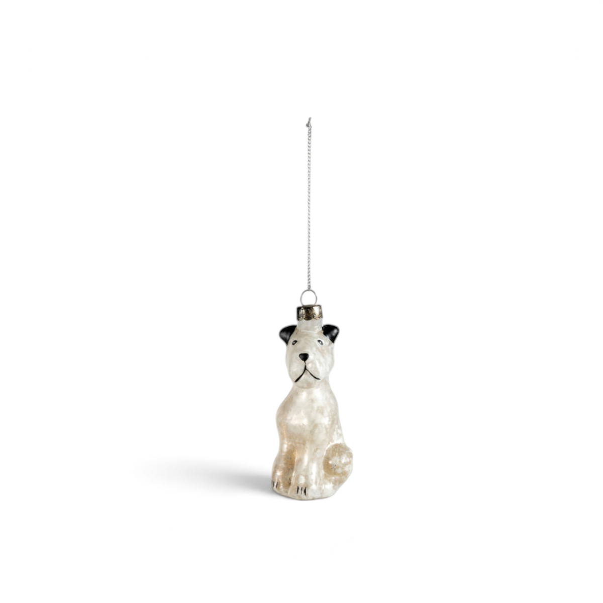 Mellow Monkey vintage-style mercury glass dog ornament with metallic shimmer and hand-painted details.
