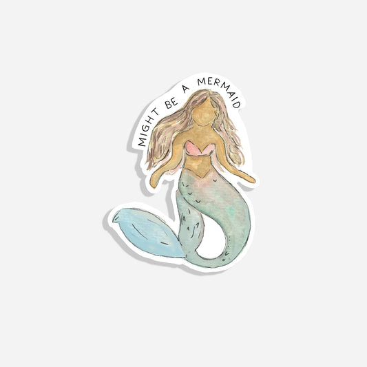 Mellow Monkey watercolor mermaid decal with "Might Be A Mermaid" text. Waterproof vinyl sticker.