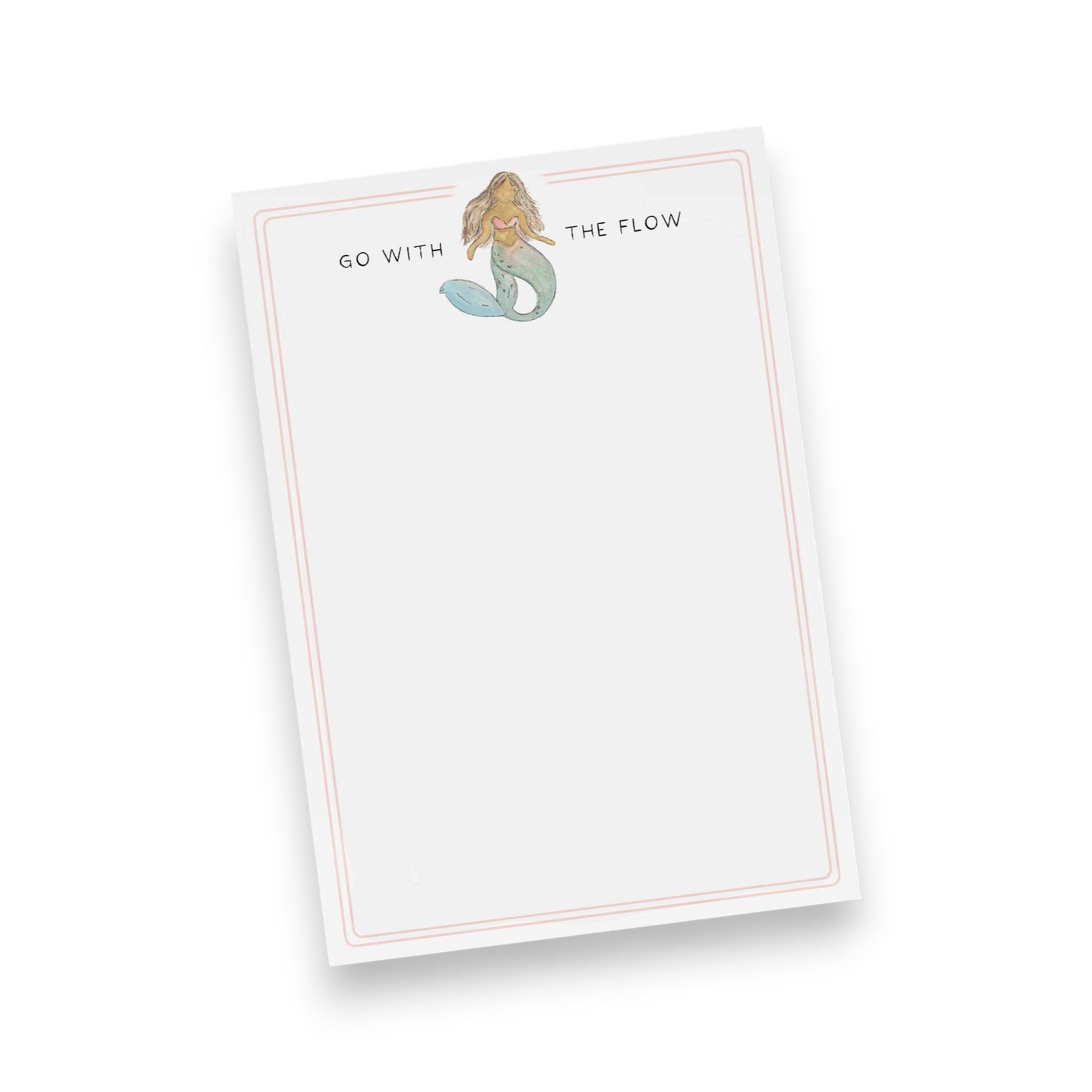 Mellow Monkey Go With The Flow mermaid notepad with watercolor illustration and pink border. 5.5" x 8", 50 tear-off pages.