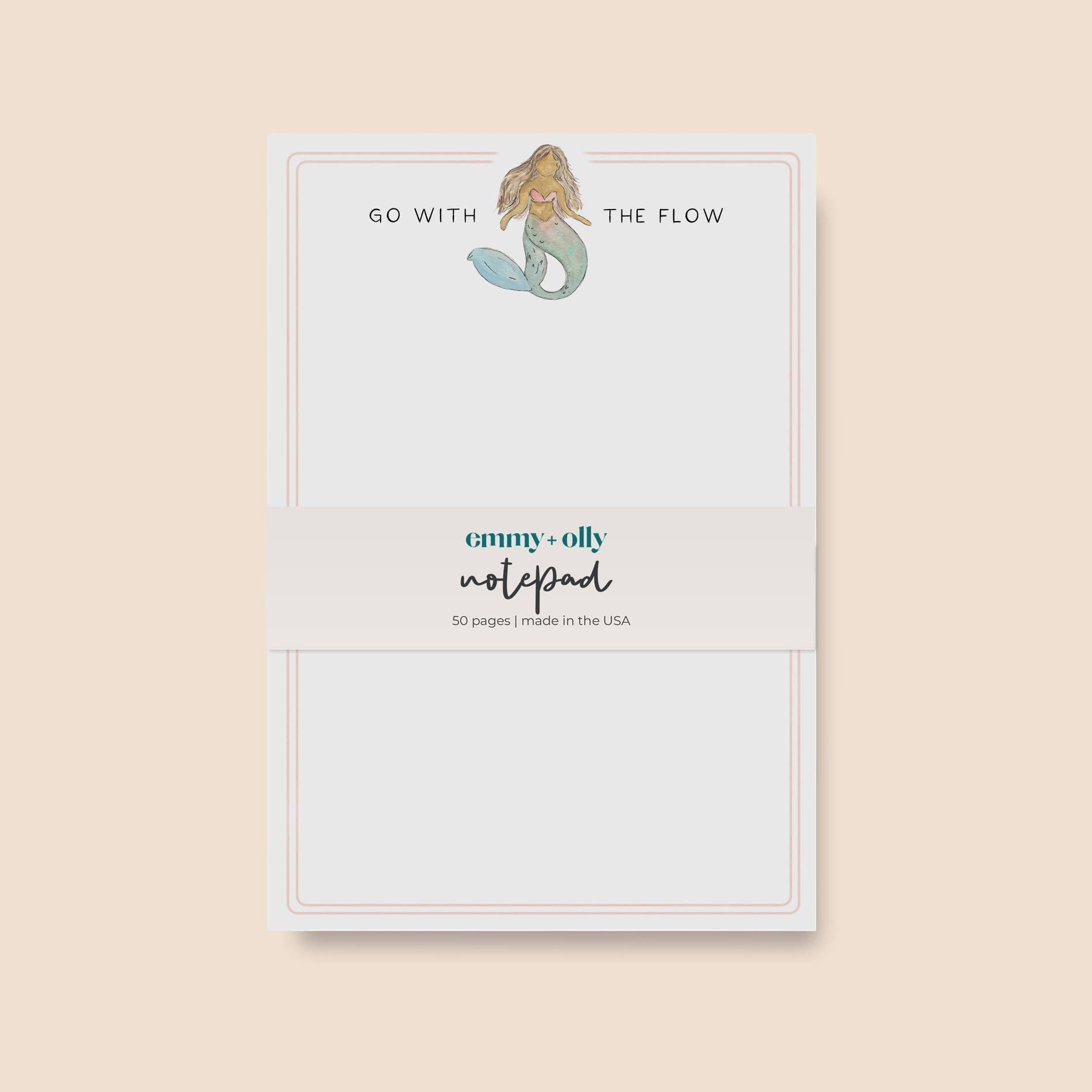 Mellow Monkey Go With The Flow notepad featuring a watercolor mermaid illustration and 50 tear-off pages.