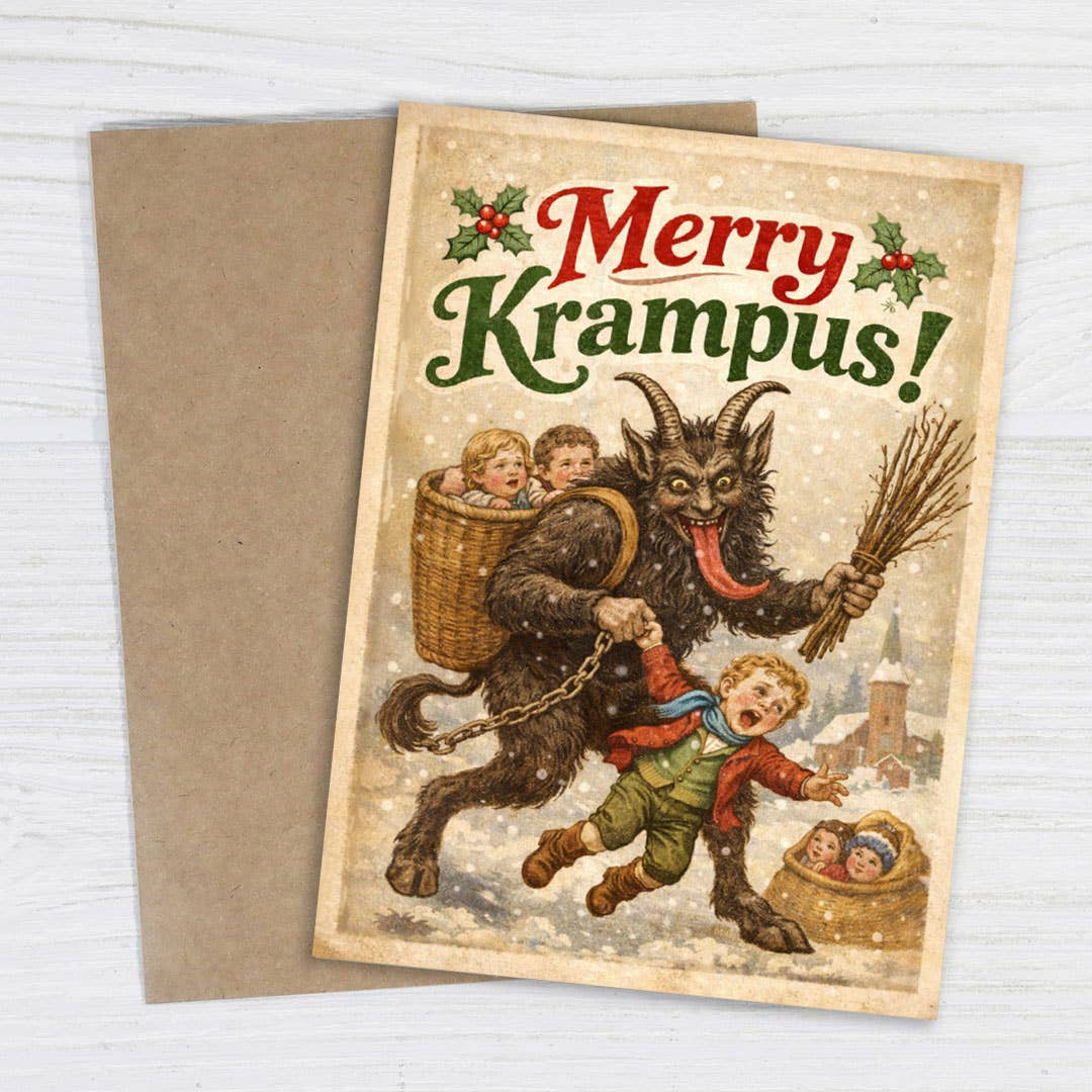 Mellow Monkey Merry Krampus Christmas card with vintage illustration of Krampus and children, includes kraft envelope.