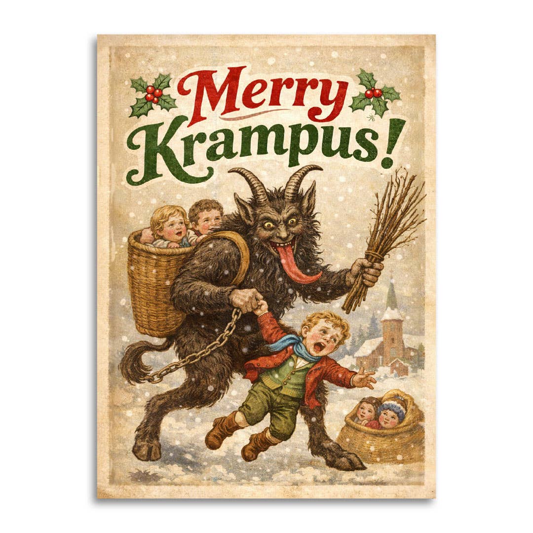 Mellow Monkey Merry Krampus funny Christmas card with vintage folklore illustration of Krampus and children