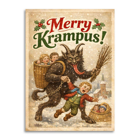 Mellow Monkey Merry Krampus funny Christmas card with vintage folklore illustration of Krampus and children