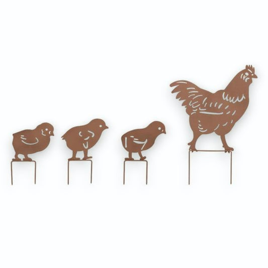 Mellow Monkey metal chicken and three chicks garden stakes in a rustic brown finish for outdoor yard decoration.