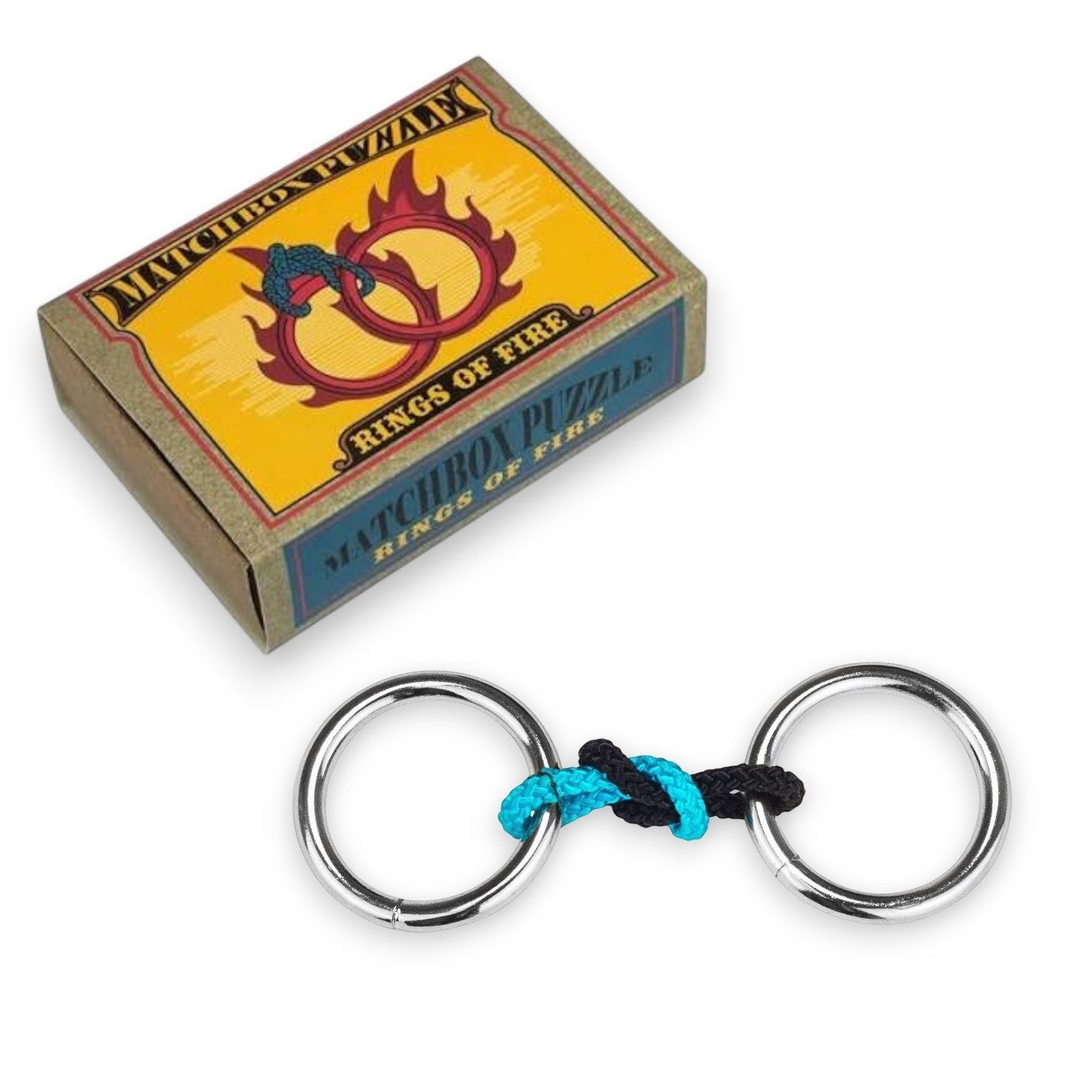 Mellow Monkey matchbox puzzle featuring two metal rings connected by a knotted blue and black rope