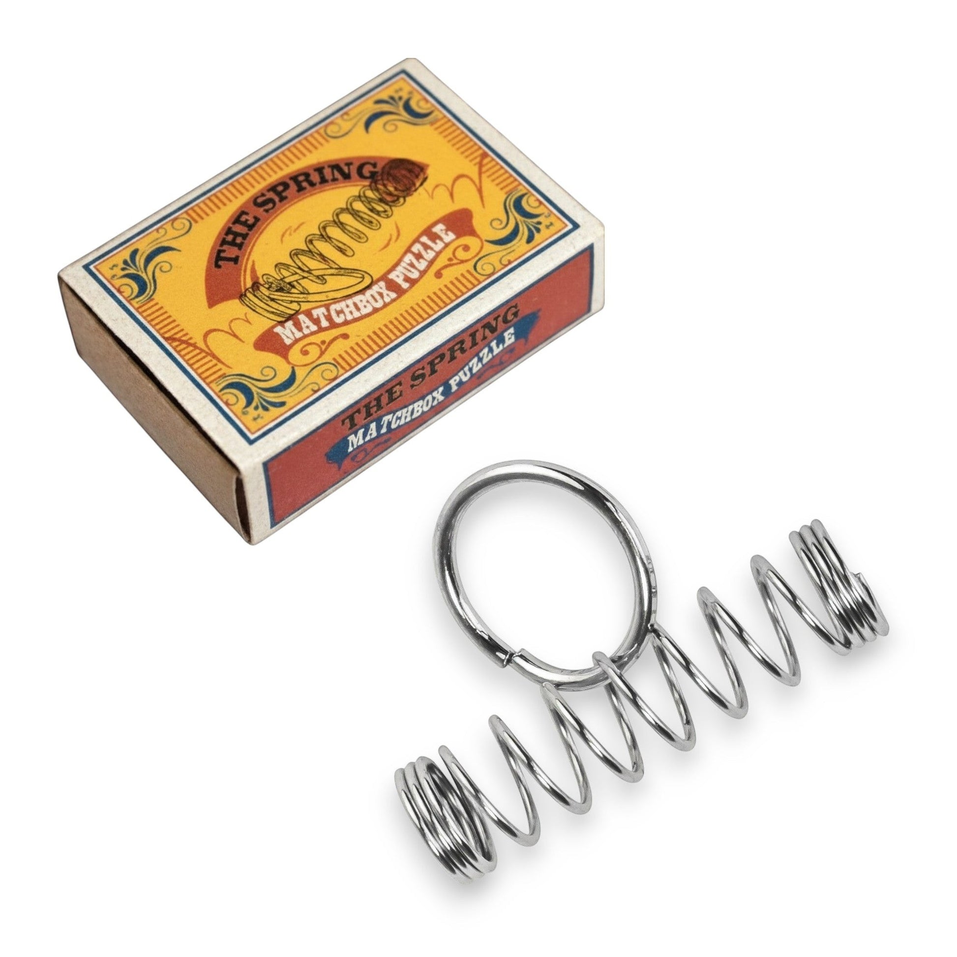 Mellow Monkey metal ring and spring brainteaser puzzle on a white background