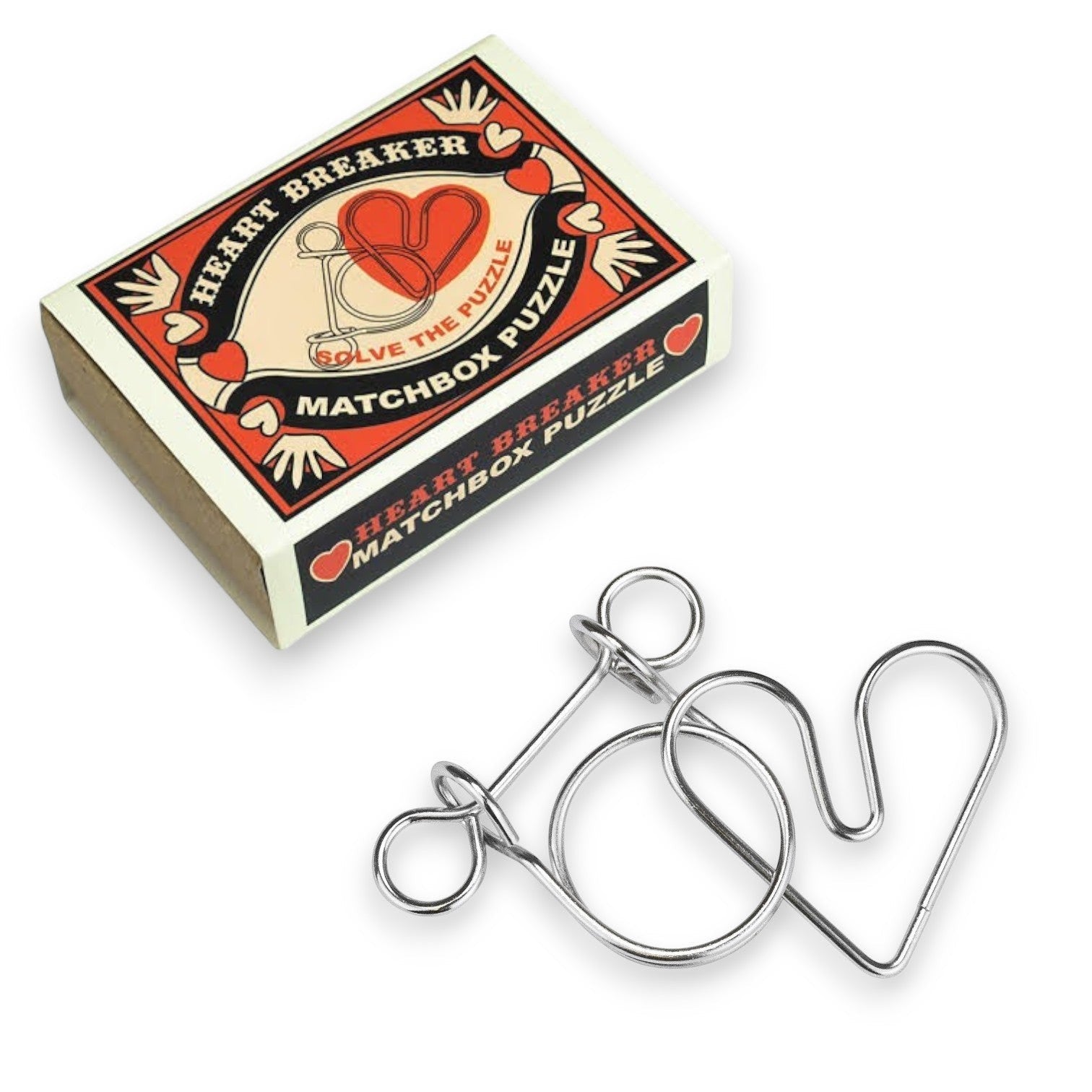Mellow Monkey metal wire brainteaser puzzle with heart-shaped design on a white background